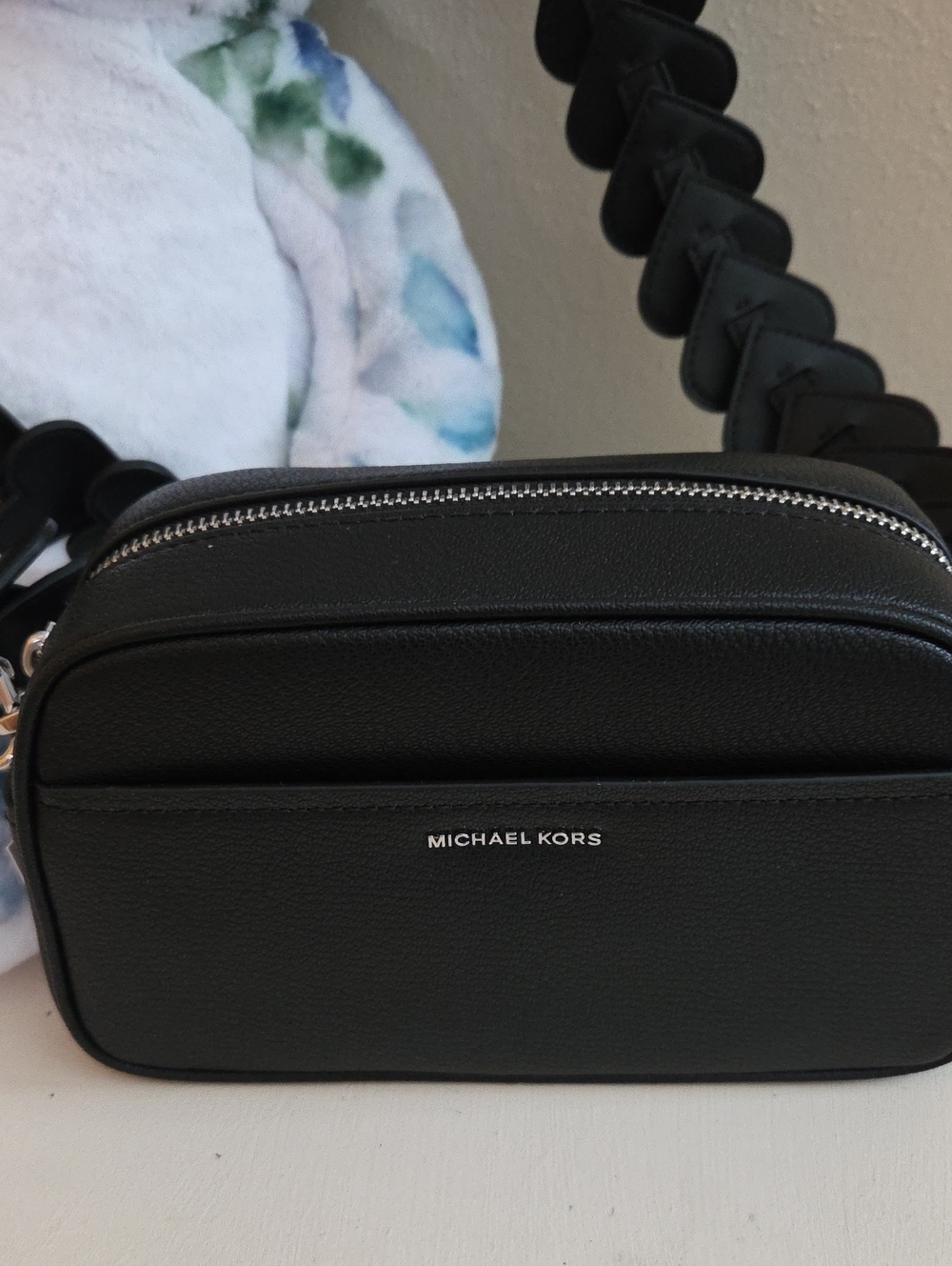 Michael Kors Black Pebbled Leather Mini Crossbody Camera Bag with Braided Strap